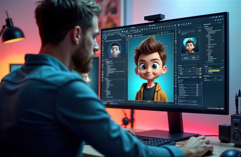 man-focuses-3d-character-design-computer-workstation-intently-works-cartoon-character Image description