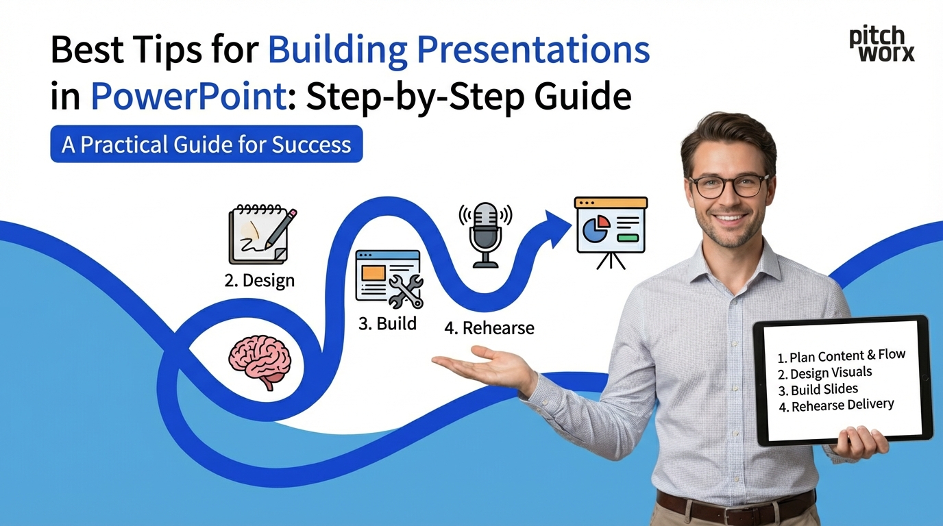 Man holding a tablet displaying a step-by-step guide for building PowerPoint presentations, featuring icons for planning, designing, building, and rehearsing.