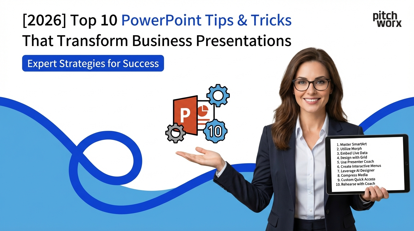 Woman holding tablet displaying top 10 PowerPoint tips and tricks for business presentations in 2026.